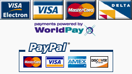 Visa Electron logo, Visa Card logo, Master Card logo, Delta logo. Payments powered by WorldPay. Now also accepting PayPal